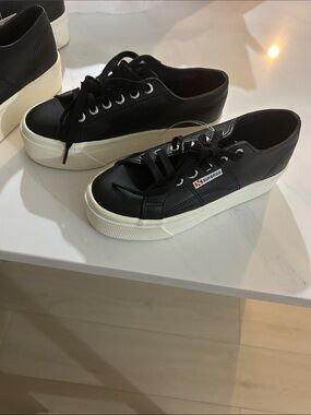 Superga Black Leather Low-Top Sneakers with Cream Platform Sole
